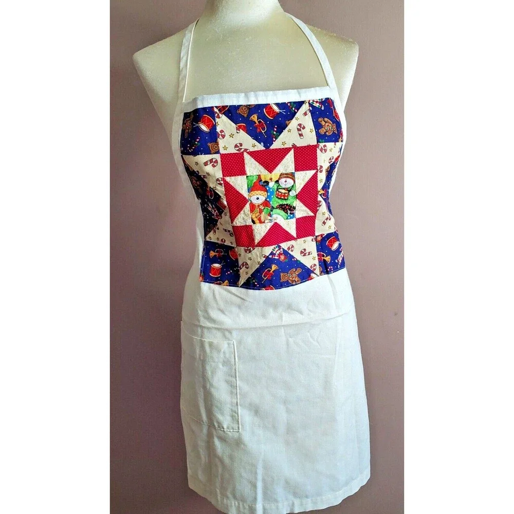 Bib Apron Quilted Pieced Christmas Snowman Pocket Blue Red Cream Muslin 29x 21.5
